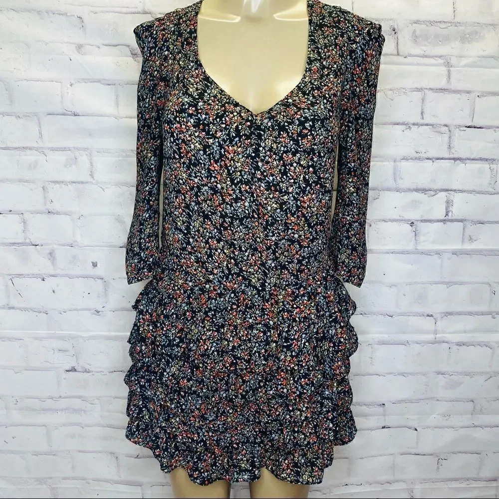 Sandro long sleeve Floral Mini Dress with tiered bottom ruffle